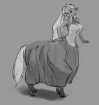 1girl animal_ears breasts centaur centorea_shianus full_body grey_background greyscale hand_on_hip horse_ears horse_tail long_hair monochrome monster_girl monster_musume_no_iru_nichijou multiple_legs ponytail shadow simple_background sketch sleeveless smile snibako solo tail 