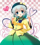  15_(tooka) 1girl blush bow checkered checkered_background hat hat_bow heart heart_of_string komeiji_koishi open_mouth sash solo third_eye touhou wide_sleeves 