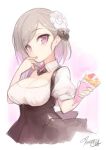  1girl breasts cleavage crepe detached_collar finger_licking flower hair_bun hair_flower hair_ornament licking looking_at_viewer minoa_(lastswallow) original short_hair silver_hair simple_background solo tongue tongue_out violet_eyes white_background 