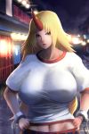  1girl blonde_hair breasts chain cuffs hands_on_hips horn hoshiguma_yuugi huge_breasts lips long_hair looking_at_viewer midriff minamike1991 navel puffy_sleeves red_eyes shirt short_sleeves skirt solo star touhou 