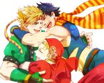  1girl 2boys bandana blonde_hair caesar_anthonio_zeppeli hug jojo_no_kimyou_na_bouken joseph_joestar_(young) midriff multiple_boys nyorori scarf suzi_quatro 