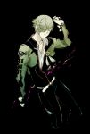  1boy black_background green_hair hair_over_one_eye ieiieiiei male_focus short_hair solo touken_ranbu uguisumaru 