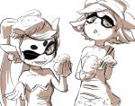 2girls ;d blush bowl callie_(splatoon) cousins detached_collar earrings eating fang food food_on_head hat holding jewelry long_hair marie_(splatoon) mask multiple_girls object_on_head one_eye_closed open_mouth rice rice_bowl sharp_teeth short_hair simple_background smile splatoon tentacle_hair uminosachi white_background