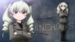  1girl anchovy belt black_shirt boots character_name chipika copyright_name crossed_arms dress_shirt drill_hair english girls_und_panzer green_hair grin hair_ribbon highres holding jacket knee_boots long_hair looking_at_viewer military military_uniform necktie pants red_eyes ribbon riding_crop shirt smile solo standing twin_drills twintails uniform zoom_layer 