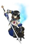  1girl black_hair bloodstained:_ritual_of_the_night blue_eyes brown_hair concept_art detached_sleeves gauntlets gradient_hair hair_between_eyes hair_ornament miriam_(bloodstained) multicolored_hair natsume_yuji official_art pale_skin short_hair smile solo stained_glass sword weapon 