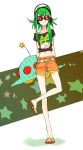  1girl alternate_costume casual crop_top flip-flops goggles green_hair gumi headphones midriff mokeo sandals shorts solo ufo vocaloid 