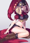  1girl asymmetrical_legwear blonde_hair blush breasts hood looking_at_viewer midriff navel odin_sphere sheep_sleep sitting solo striped striped_legwear thigh-highs velvet_(odin_sphere) violet_eyes 