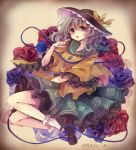  1girl aqua_eyes blue_rose bow dated floral_print flower hat hat_bow komeiji_koishi long_sleeves looking_at_viewer m open_mouth red_rose rose shirt signature silver_hair skirt solo third_eye touhou wide_sleeves 