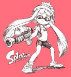  1girl aiming beanie copyright_name hand_on_head hat inkling monochrome pink_background pointy_ears sanohi_kk smile solo splatoon super_soaker tentacle_hair 