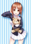  1girl brown_eyes brown_hair girls_und_panzer hand_on_headphones headphones kyon_(fuuran) nishizumi_miho short_hair solo stuffed_animal stuffed_toy teddy_bear tongue 