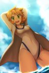  1girl :d arms_behind_back blue_sky covered_navel from_below green_eyes highres jacket kasumi_(pokemon) one-piece_swimsuit open_clothes open_jacket open_mouth orange_hair pokemon pokemon_(game) pokemon_hgss shiroiponzu short_hair sky smile swimsuit swimsuit_under_clothes wading 