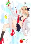 1girl ama_mitsuki apple asymmetrical_legwear bikini_top blonde_hair breasts brown_eyes food fruit high_heels highres jacket legs lemon miniskirt open_clothes open_jacket original outstretched_hand skirt solo strawberry thigh-highs twintails water 