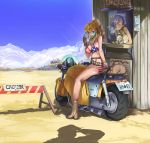  2girls adjusting_glasses american_flag_bikini bikini blonde_hair breasts ceda_(dace) cleavage dark_skin desert flag_print glasses gloves hair_over_one_eye highres motor_vehicle motorcycle multiple_girls original ponytail pov smoking sunglasses swimsuit vehicle violet_eyes 