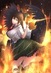  1girl arm_cannon black_legwear black_wings brown_hair cape fire hair_ornament hair_ribbon kneehighs long_hair looking_at_viewer minamike1991 open_mouth pointing pointing_up puffy_sleeves red_eyes reiuji_utsuho ribbon shirt short_sleeves skirt solo third_eye touhou weapon wings 