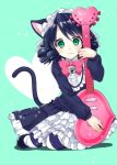  1girl animal_ears bell blue_hair blush bowtie cat_ears cat_tail curly_hair cyan_(show_by_rock!!) green_eyes guitar heart_guitar instrument looking_at_viewer m_0506 short_hair show_by_rock!! solo striped striped_legwear tail thigh-highs 