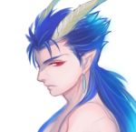  1boy blue_hair earrings fate/stay_night fate_(series) feathers hair_feathers jewelry jun_(ash) lancer lowres ponytail red_eyes solo 