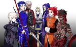  2girls 5boys archer armor armored_dress assassin_(fate/extra) assassin_(fate/stay_night) avenger black_hair blonde_hair blue_hair caladbolg chinese_clothes crown dark_skin dress dual_persona fate/extra fate/hollow_ataraxia fate/stay_night fate_(series) full_body_tattoo gae_bolg japanese_clothes lancer multiple_boys multiple_girls ooka polearm ponytail red_eyes redhead saber saber_alter spear sword tattoo weapon white_hair yellow_eyes 