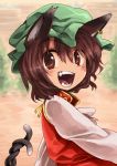  1girl animal_ears brown_eyes brown_hair cat_ears cat_tail chen fang harusame_(unmei_no_ikasumi) hat short_hair solo tail touhou 