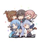  &gt;_&lt; 5girls :d ;) black_legwear black_skirt blue_hair blue_skirt brown_hair fingerless_gloves folded_ponytail fubuki_(kantai_collection) gloves hair_bobbles hair_ornament inazuma_(kantai_collection) kantai_collection kurimanjuu long_hair long_sleeves lowres multiple_girls murakumo_(kantai_collection) neckerchief one_eye_closed open_mouth pink_hair pleated_skirt ponytail sailor_collar sailor_dress samidare_(kantai_collection) sazanami_(kantai_collection) school_uniform serafuku short_hair simple_background skirt smile thigh-highs very_long_hair white_background xd 