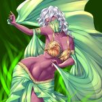  1girl abs bare_shoulders breasts brown_eyes cleavage curly_hair dancer dark_skin green harihisa long_hair midriff navel original silver_hair solo thighs wide_hips 