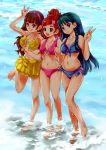  3girls absurdres amanogawa_kirara bikini bikini_skirt blue_eyes blue_hair brown_hair feet_in_water go!_princess_precure hairband haruno_haruka highres kaidou_minami long_hair multiple_girls precure puca-rasu soaking_feet swimsuit v violet_eyes water 