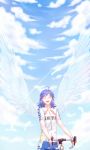  1girl :d bicycle blue_hair closed_eyes clouds manami_sangaku mitsuki_hana open_mouth short_hair smile solo wings yowamushi_pedal 