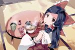  1girl black_hair bow bowl chopsticks cup detached_sleeves dress eating food hair_bow hair_tubes hakurei_reimu long_hair long_sleeves looking_at_viewer looking_back noodles ramen red_dress red_eyes sarashi sitting solo table tatami teacup touhou wide_sleeves yoshinaga_p 