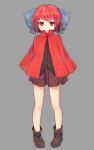  1girl :&lt; bare_legs boots bow cape flat_gaze hair_bow highres looking_at_viewer red_eyes redhead sekibanki shone short_hair simple_background skirt solo touhou 
