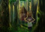  1girl balancing_on_head basket chimney flower_bed forest fungus grass highres hollow house light_rays mitsume_(harenochi) mushroom nature original purple_hair solo tree vines violet_eyes 