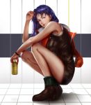  1girl bangs bare_arms bare_shoulders beer_can bent_knees blue_eyes blue_hair breasts brown_dress caviar_(lunar_sama) dress from_side highres holding_can katsuragi_misato lips lipstick long_hair makeup neon_genesis_evangelion parted_bangs parted_lips purple_hair short_dress thighs tile_floor tile_wall tiles 