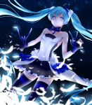  1girl 7th_dragon 7th_dragon_2020 ahoge aqua_eyes aqua_hair chun_(ya_i_memories) feathers hatsune_miku headphones highres long_hair skirt solo thigh-highs twintails very_long_hair vocaloid 