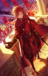  banner cape formal gloves infukun long_hair male_focus pixiv_fantasia pixiv_fantasia_t ponytail red_eyes redhead soldiers solo_focus sword weapon 
