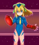  1girl blonde_hair blue_eyes cammy_white cammy_white_(cosplay) cannon corruption cosplay dark_persona ebako evil_smile fingerless_gloves garrison_cap gloves hat highres leotard long_hair necktie ponytail ribbon rockman rockman_(classic) roll shaded_face smile standing street_fighter 