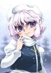  1girl blue_eyes harusame_(unmei_no_ikasumi) hat lavender_hair letty_whiterock scarf short_hair snowing solo touhou 