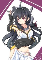  1girl black_hair chize cosplay fingerless_gloves gloves headgear isokaze_(kantai_collection) kantai_collection long_hair nagato_(kantai_collection) nagato_(kantai_collection)_(cosplay) panties red_eyes solo underwear 