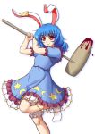  1girl animal_ears blood bloomers blue_dress blue_hair dress kine looking_at_viewer mallet mazume ponytail puffy_sleeves rabbit_ears red_eyes seiran_(touhou) short_hair short_sleeves simple_background skirt smile solo touhou underwear weapon white_background white_legwear 