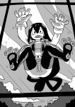  1girl :&lt;&gt; against_glass all_fours asui_tsuyu belt bodysuit boku_no_hero_academia clouds eyelashes frog_girl glass gloves greyscale long_hair long_tongue looking_at_viewer low-tied_long_hair monochrome o_den open_mouth solo tongue tongue_out tree webbed_feet window 