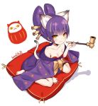  1girl 2d :3 animal_ears bare_shoulders barefoot blush breasts cat_ears cat_tail cleavage daru_dayu from_above japanese_clothes kimono looking_at_viewer purple_hair show_by_rock!! signature sitting_on_pillow solo tail yellow_eyes 