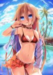  1girl bikini blonde_hair blue_eyes blush bracelet braid breasts clouds contrapposto cowboy_shot dying0414 highres ia_(vocaloid) jewelry light_rays long_hair looking_at_viewer off_shoulder open_mouth red_bikini ring sky solo summer swimsuit twin_braids very_long_hair vocaloid water wet 