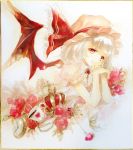  1girl acrylic_paint_(medium) arm_support bat_wings brooch chain crown cup flower food fork fruit hands_together hat hat_ribbon head_rest jewelry keiko_(mitakarawa) looking_at_viewer lying mob_cap on_stomach pocket_watch puffy_short_sleeves puffy_sleeves red_eyes red_rose remilia_scarlet ribbon rose saucer shikishi short_hair short_sleeves silver_hair skirt skirt_set smile solo strawberry teacup teaspoon touhou traditional_media watch watercolor_(medium) white_background wings 