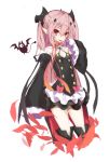  1girl bare_shoulders bat boots bow choker cropped_legs dress feathers goekawa highres krul_tepes long_hair looking_at_viewer owari_no_seraph pink_hair pointy_ears red_eyes simple_background sleeves_past_wrists solo tagme thigh-highs thigh_boots tongue tongue_out two_side_up white_background 