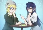  2girls ayase_eli beanie bespectacled black_hair blonde_hair blue_eyes brown_eyes cake casual cross cross_necklace dress earrings food fork futonchan glasses hair_down hat jewelry love_live!_school_idol_project multiple_girls sonoda_umi 