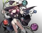  1girl bow cape hat hat_bow highres katayama_kei kirisame_marisa kirisame_marisa_(pc-98) open_hand orb red_eyes redhead sash solo touhou touhou_(pc-98) witch_hat 