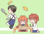  1girl 2boys apron black_hair bow chibi fork frying_pan gekkan_shoujo_nozaki-kun hair_bow highres kaneko_(mikenett) knife looking_back mikoshiba_mikoto multiple_boys nozaki_umetarou orange_hair pancake redhead sakura_chiyo seiza sitting stack_of_pancakes table 