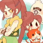  2boys amano_keita artist_name black_eyes brown_hair cat chiyoko_(oman1229) crossed_arms fangs ghost grin hands_over_mouth jibanyan long_hair looking_back multiple_boys multiple_tails notched_ear oogama_(youkai_watch) open_mouth ponytail purple_lips red_eyes short_hair smile tail two_tails very_long_hair whisper_(youkai_watch) yellow_sclera youkai youkai_watch 