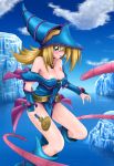 1girl bare_shoulders blonde_hair blue_boots blue_eyes blush boots breasts choker cleavage clouds dark_magician_girl green_eyes hat highres iceberg long_hair love_(pspdspsp) open_mouth pentacle solo staff sweatdrop tentacles water wizard_hat yuu-gi-ou yuu-gi-ou_duel_monsters 