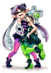 2girls bare_shoulders black_dress black_hair callie_(splatoon) cousins dress earrings fangs gloves green_legwear gun io_naomichi jewelry looking_at_viewer marie_(splatoon) mole mole_under_eye multiple_girls open_mouth pantyhose pointy_ears purple_legwear ringed_eyes siblings silver_hair sisters smile splatoon tentacle_hair weapon white_gloves yellow_eyes