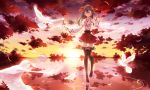  1girl bare_shoulders black_hair black_legwear closed_eyes closed_mouth clouds detached_sleeves feathers haruna_(kantai_collection) headgear highres kantai_collection long_hair nontraditional_miko pleated_skirt red_skirt shakugan_(natural_stay) skirt sky smile solo sunset wide_sleeves 