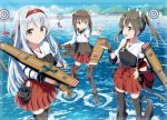  3girls airplane ayuya_naka_no_hito black_hair bow_(weapon) brown_eyes brown_hair crossbow failure_penguin female gloves hair_ribbon hairband highres japanese_clothes kantai_collection long_hair multiple_girls muneate ocean ribbon short_hair shoukaku_(kantai_collection) silver_hair smile taihou_(kantai_collection) target twintails uniform weapon zuikaku_(kantai_collection) 