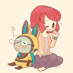  1girl artist_name bespectacled chiyoko_(oman1229) closed_eyes glasses helmet misora_inaho no_glasses nose_bubble one_eye_closed open_mouth rabbit redhead short_hair simple_background sleeping spacesuit usapyon watch watch youkai youkai_watch youkai_watch_3 